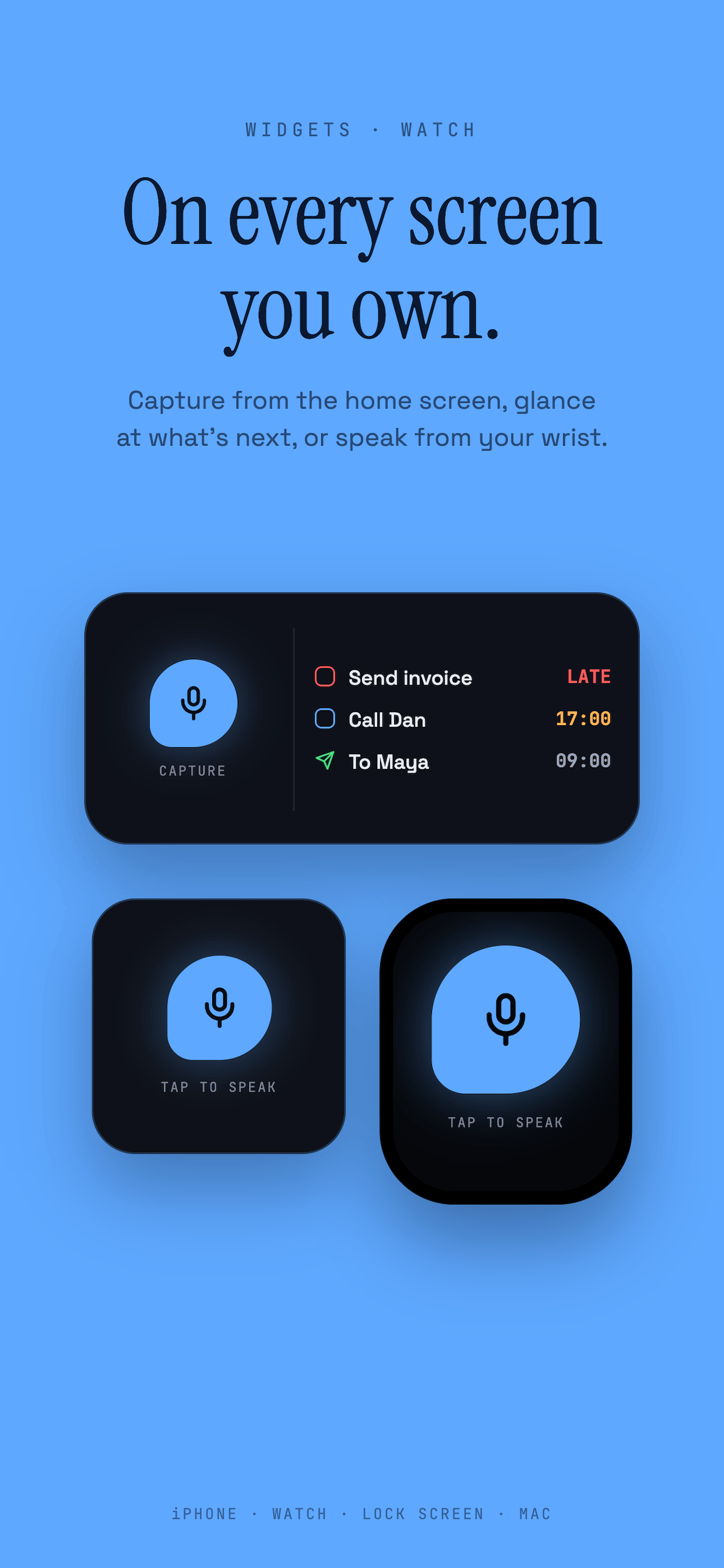 On every screen you own — capture from the home screen, widgets, and Apple Watch.